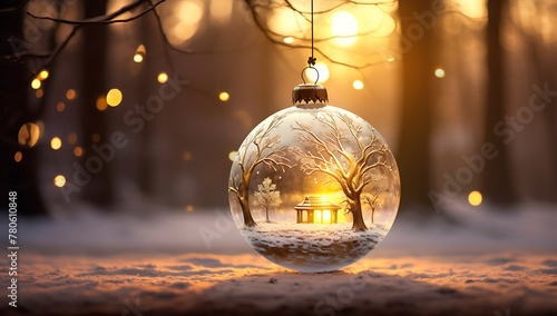 Glass balls hanging from branches. Christmas lights.枝か​​らぶら下がっているガラス球。クリスマス ライト。Generative AI	 photo