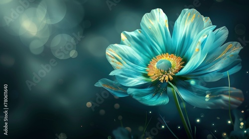 Beautiful turquoise flower with golden details, glowing and sparkling on a dark background, with a long green stem and white flower petals, in the style of fantasy, digital art, high resolution