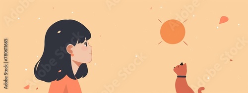 Minimalist girl and cat illustration with sun on orange background