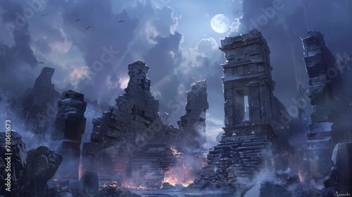 Beneath the moonlit sky, the ruins lie silent, and the Chimeras fire gaze sweeps across the stones, a guardian of the ancient and the mysterious no dust