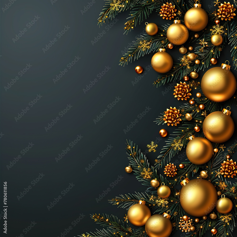 Shiny Ornaments Christmas Decorations on a Black Background with golden ball Shiny Ornaments Christmas Decorations on a Black Background with golden ball