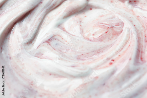 Tasty yoghurt with jam as background, closeup photo