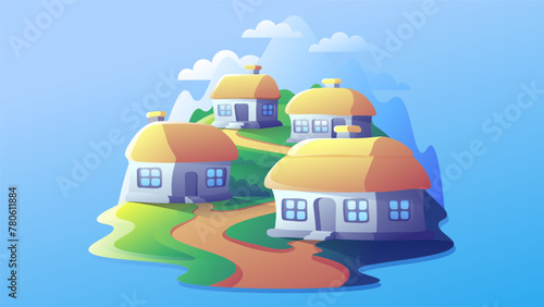 Traditional Ukrainian village isolated illustration. Street with residential old houses colorful logo.