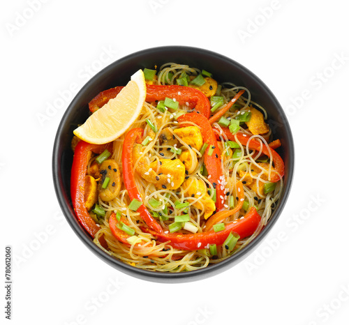 Stir-fry. Delicious cooked noodles with chicken and vegetables in bowl isolated on white, top view