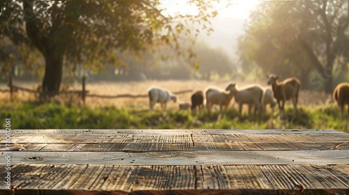 Wooden table top on blur field and sheep farm. Empty Place for food,milk,other drink