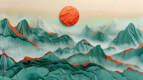 Traditional red sun landscape illustration poster background decorative painting