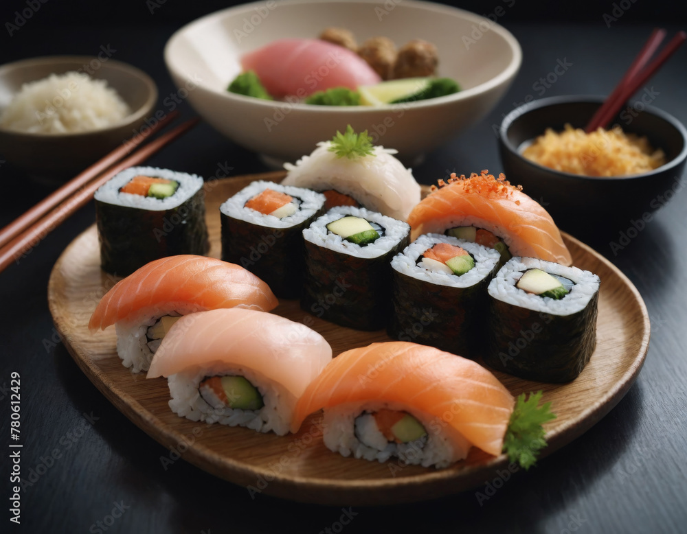 Variety of Sushi on Ceramic Plate with Soy Sauce Variety of Sushi on Ceramic Plate with Soy Sauce