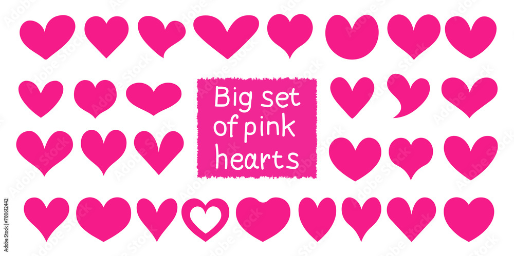 Large set of trendy pink doodle hearts isolated on a white background.