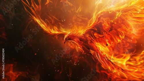 A phoenix, bathed in the flames of rebirth, rises, its plumage a blaze of glory, an eternal spectacle of resurrection low noise
