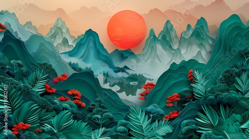 Traditional red sun landscape illustration poster background decorative painting