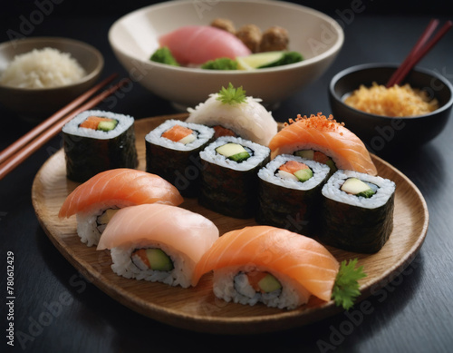 Variety of Sushi on Ceramic Plate with Soy Sauce
