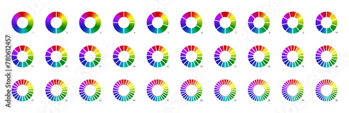 Gradient colored pie chart templates. Bright vibrant infographic donut graphs. Vector diagram wheel for multiple section circle. 3, 4, 5, 6 parts of ring.
