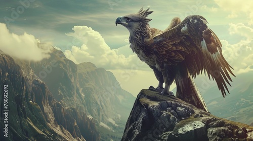 A Griffin stands atop a cliff, its majestic roar echoing through the valleys, feathered wings unfurled, a proud guardian of ancient lore low texture photo