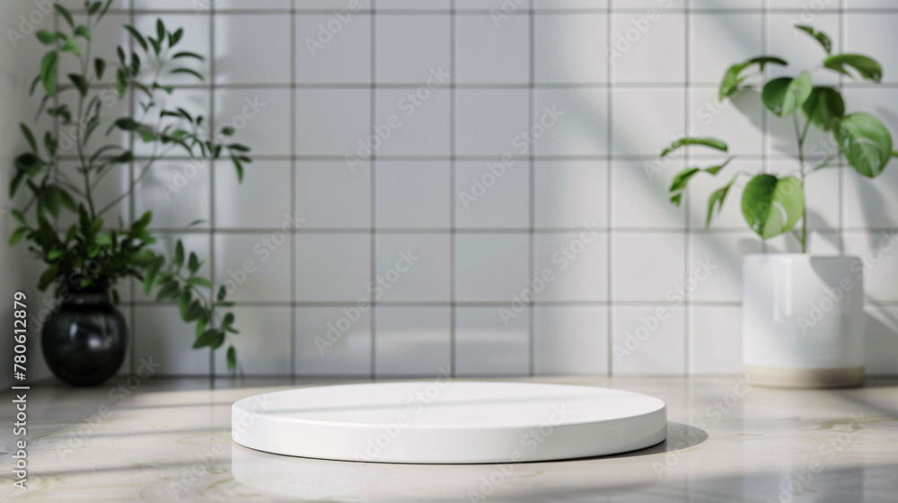 3d backdrop of minimal circular podium product presentation with white tiles bathroom wall background with leaf shadow and plants 3d backdrop of minimal circular podium product presentation with white tiles bathroom wall background with leaf shadow and plants