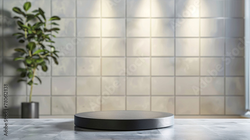 round podium for display product with white tiles bathroom wall background