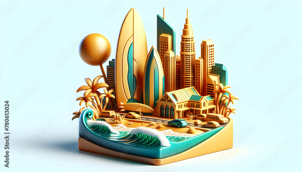 3D Flat Icon: Australian Adventure - Australia Gold Coast Surfer Dream with Golden Beaches & Vibrant City Life in Famous Location Photograph Theme, Isolated on White Background