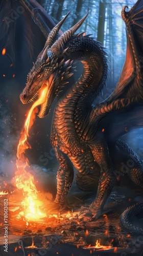 A dragon, shrouded in the aura of myths, sits quietly, then suddenly exhales a stream of flame, its scaled wings shimmering in the firelight hyper realistic