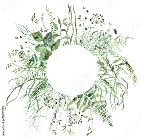 Round frame with Watercolor fern twigs with green leaves isolated illustration, botanical wedding
