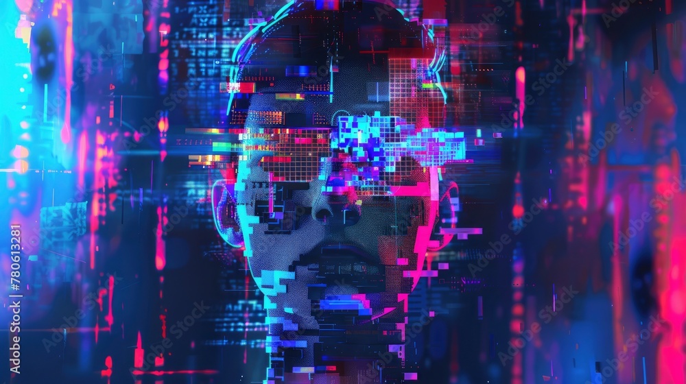 Digital portrait of an AI humanoid, with neon pixelated glitch effects on its face and body, against a dark background. The colors should be vibrant, creating a futuristic vibe