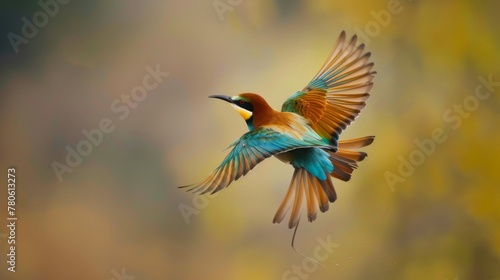 A bird gracefully navigating the wind, wings flapping powerfully, its tapered tail and colorful feathers a blur of motion and beauty low texture © kitidach