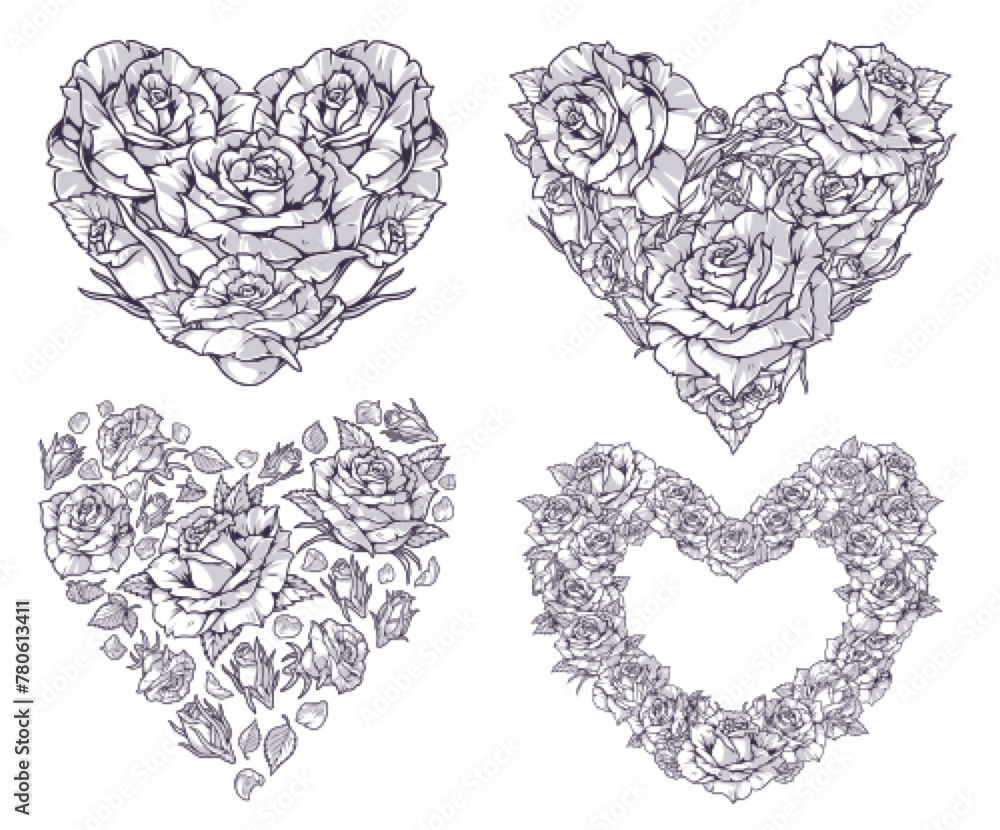 Floral hearts set stickers monochrome - obrazy, fototapety, plakaty 
