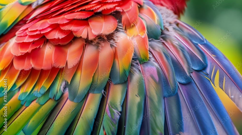 Fototapeta premium An upclose, detailed view of a bird midflap, each feather vibrant and detailed, from the colorful body to the sleek, tapered tail low texture