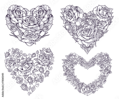 Floral hearts set stickers monochrome