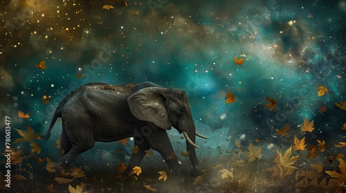 As stars twinkle above  an elephant ambles through a dreamscape of rustling leaves  wrapped in the soft embrace of starlight low texture