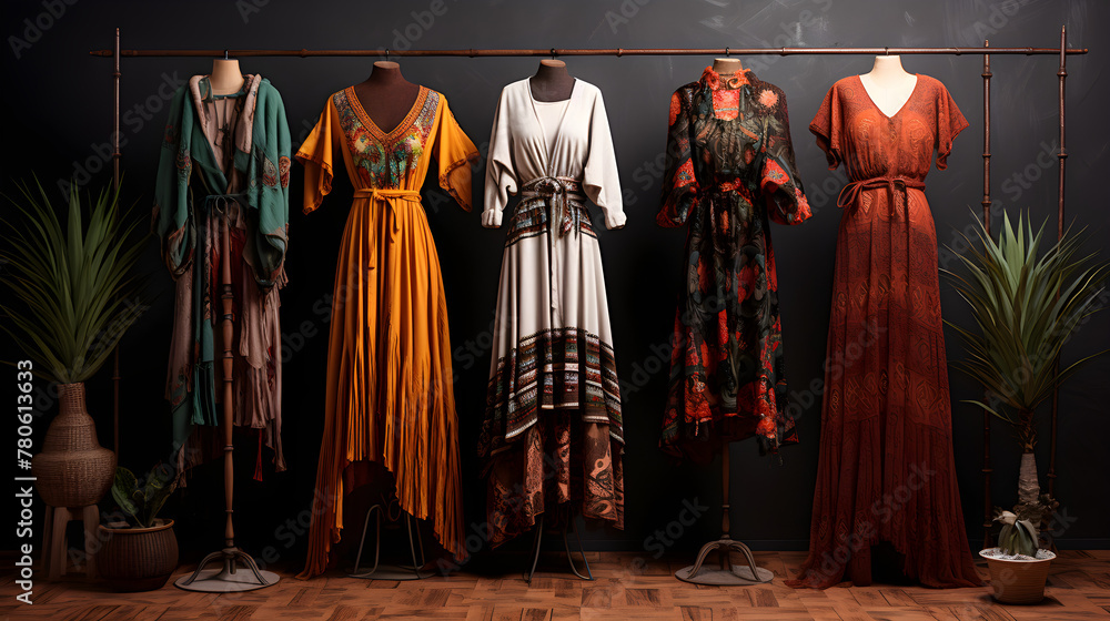 Women's clothing for an ethno-festival in boho style. Shopping concept - obrazy, fototapety, plakaty 