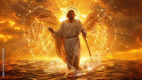 Jesus Christ walking on sea surface, magnificent sunrise light