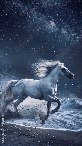 Amidst the tranquility of night, a Pegasus with a starlit mane gallops across the heavens, its passage marked by the gentle whispering of the wind no splash © kitidach