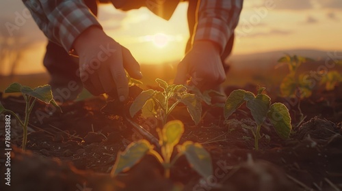 Hands of a gardener nurturing young plants in the soil at sunset, highlighting growth and care.