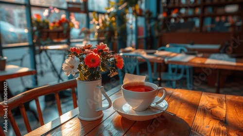 A cup of tea with a warm, inviting ambiance, set in a café surrounded by vibrant blooming flowers. photo
