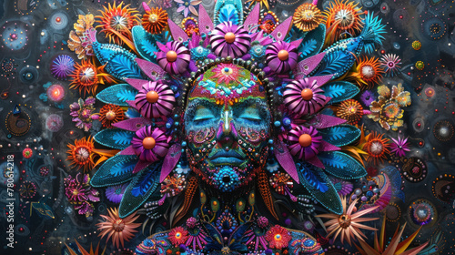 Fantastic, surreal, psychedelic creature with herbal and floral motifs
