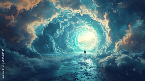 Lonely figure in cloudy tunnel, concept of entrance to the afterlife