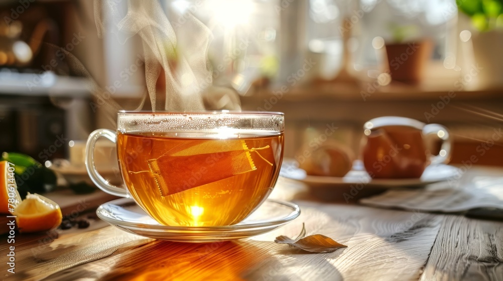 Steaming tea in a clear cup casting a warm glow on a rustic indoor setting, signifying a cozy start to the day. Steaming tea in a clear cup casting a warm glow on a rustic indoor setting, signifying a cozy start to the day.