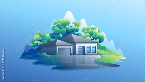 A simple American-style apartment building with a garage. Beautiful house with yard real estate logo.