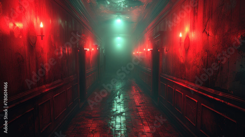 Scary nightmarish corridor with uncanny red lighting