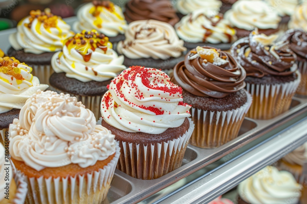 Assorted Cupcakes in Bakery Display Case