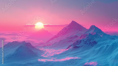sunset on the mountains with vaporwave tone color, suitable for wallpaper, poster. Generative AI