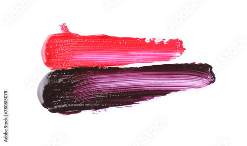 Strokes of color lip glosses isolated on white, top view