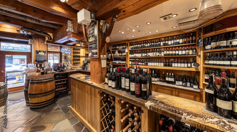 Interior of classic enoteca with tasting zone and great wine assortment