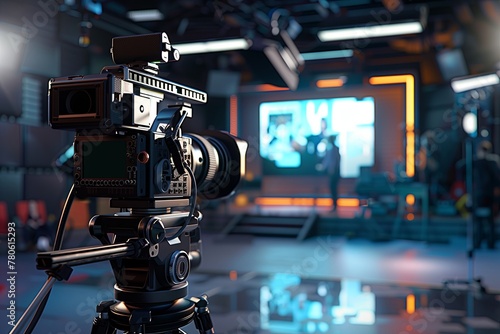 Camera on tripod in studio for broadcasting event