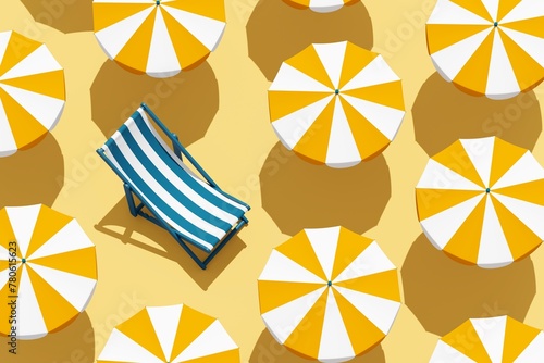 Top view of orange umbrellas with one blue beach chair on sandy color background. Summer vacation concept. 3d rendering, illustration.
