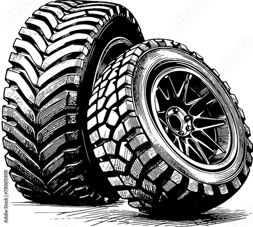 two large wheels with impressive tread stand next to each other vector art drawing photo