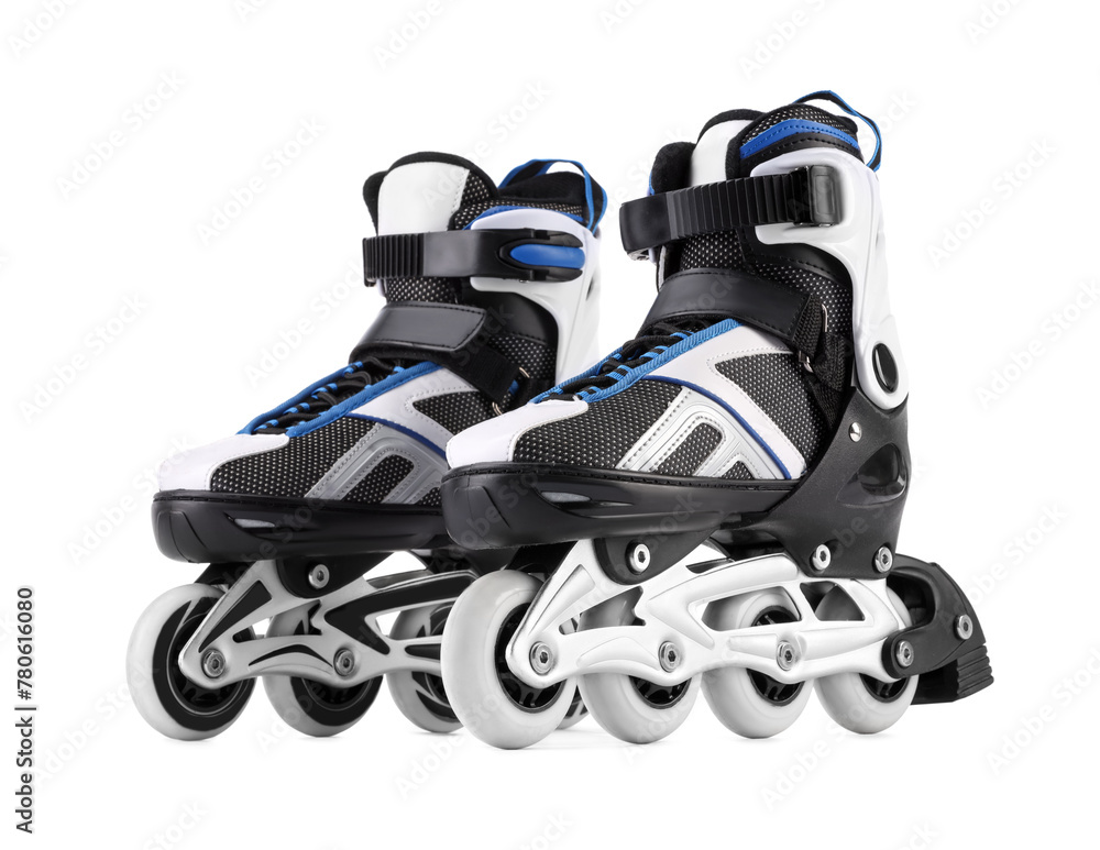 Pair of roller skates isolated on white. Sports equipment Pair of roller skates isolated on white. Sports equipment