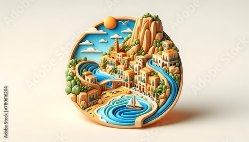 Sicilian Shores: Explore Sandy Beaches & Charming Hilltop Towns in Italy for a Quintessential Summer. 3D Icon of Famous Locations, Isolated White Background.
