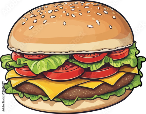 Cheeseburger With Lettuce And Tomatoes, Vector Illustration, Isolated on White Background