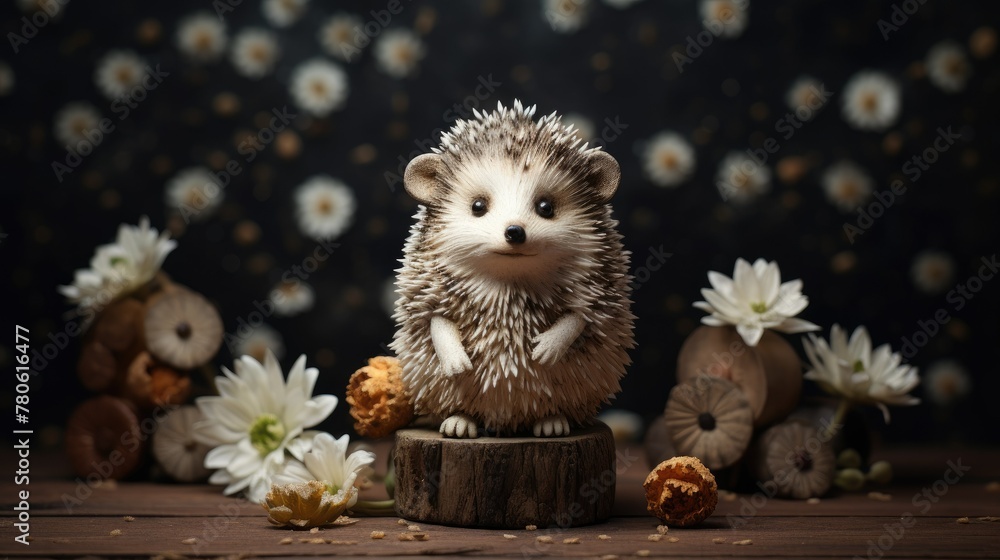 Obraz premium A small hedgehog stands on an old wooden table 