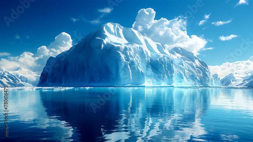 Gigantic iceberg background In the Antarctic Sea with a dramatic landscape of snow-capped mountains. Representing climate change